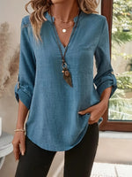 Notched Roll-Tab Sleeves Blouse - Ladyez
