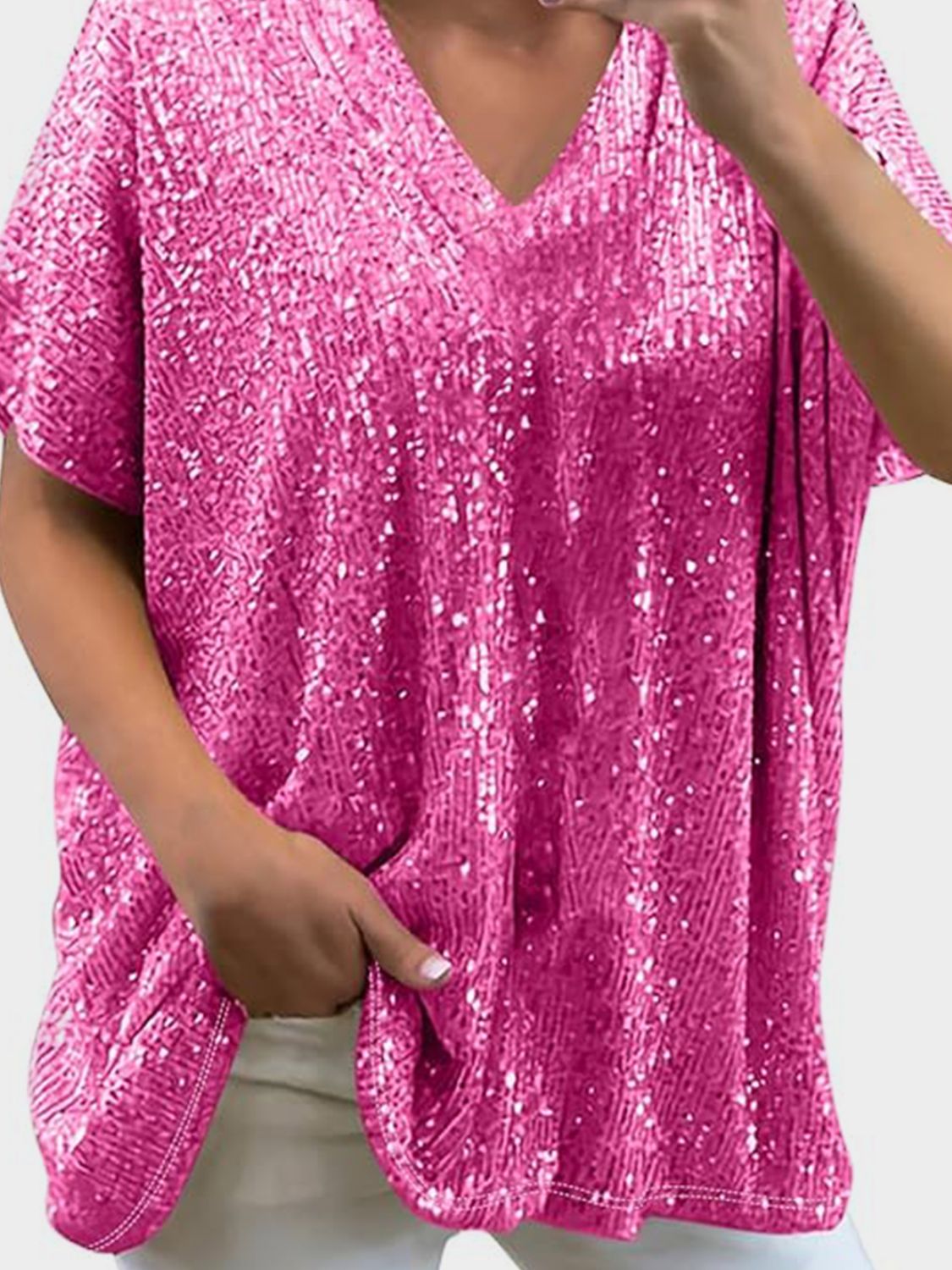 Full Size Sequin V-Neck Short Sleeve Top - Ladyez