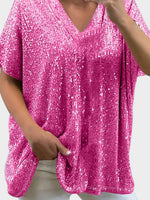 Full Size Sequin V-Neck Short Sleeve Top - Ladyez
