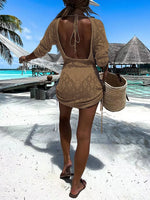 Backless Openwork Drawstring Round Neck Cover Up - Ladyez