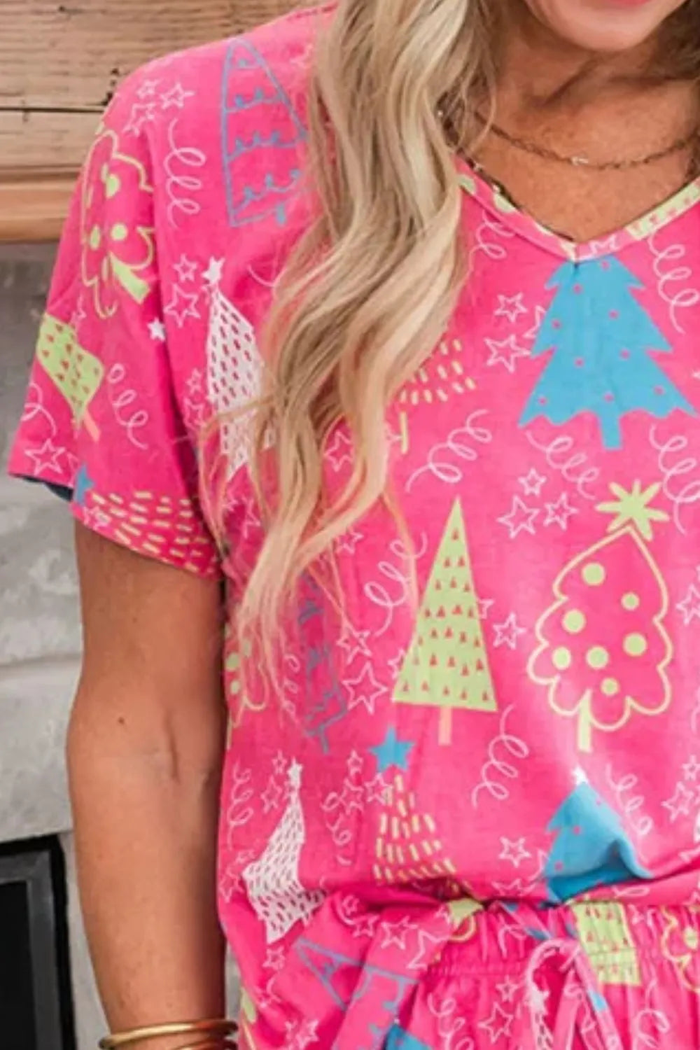 Printed V-Neck Short Sleeve Top and Pants Lounge Set - Ladyez