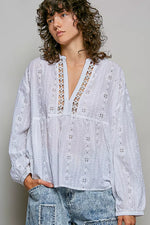 POL Lace Eyelet Long Sleeve Cotton Blouse