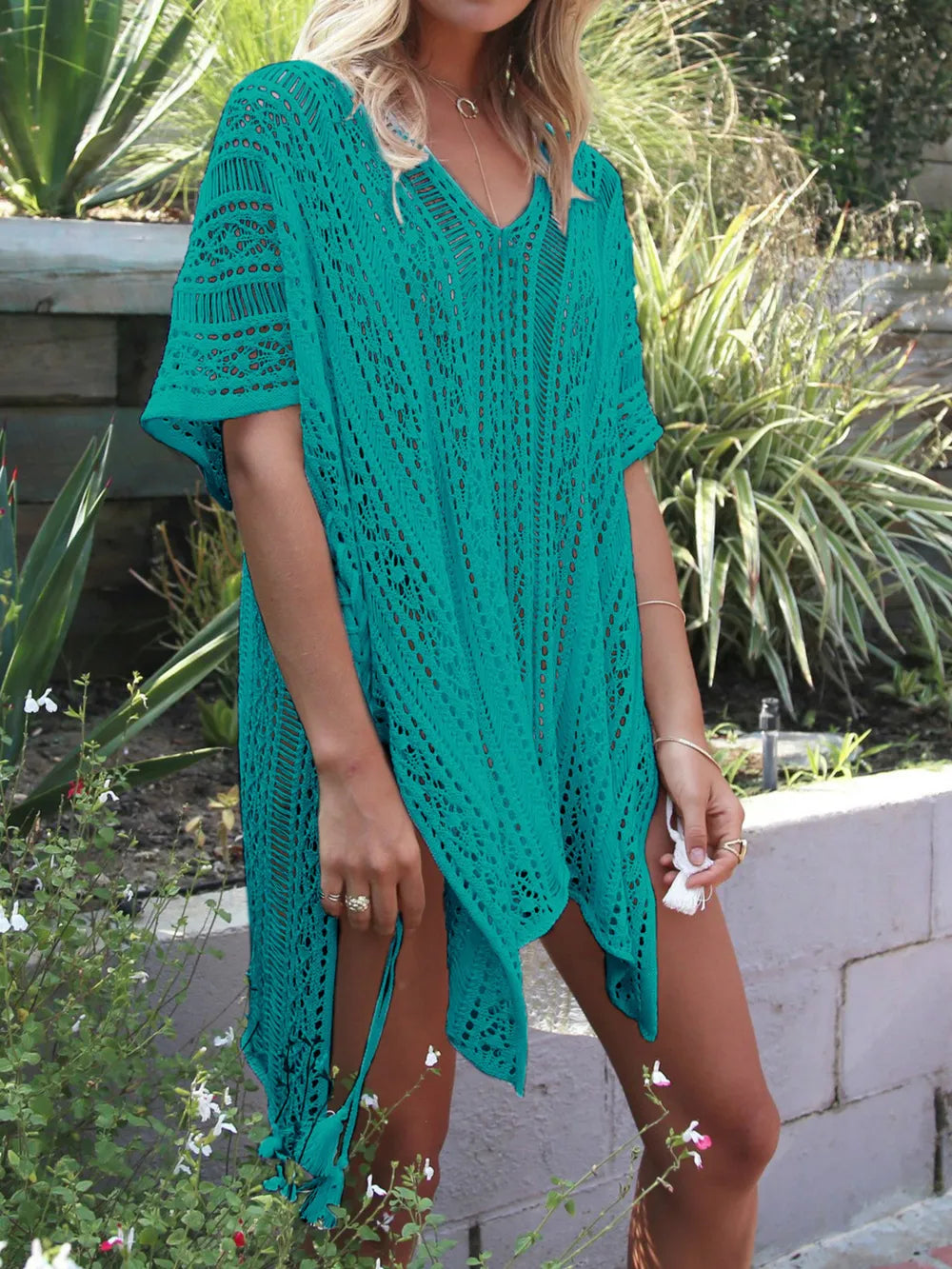 Angel Wings Cutout V-Neck Cover-Up with Tassel - Ladyez