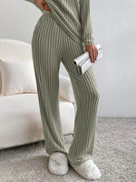 Ribbed Knit V-Neck Top and Pants Set