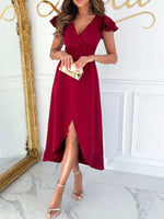 Surplice Ruffled Cap Sleeve Dress - Ladyez