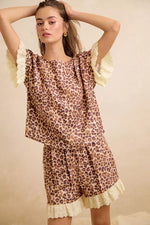 BiBi Leopard and Eyelet Lace Ruffled Top and Shorts Set