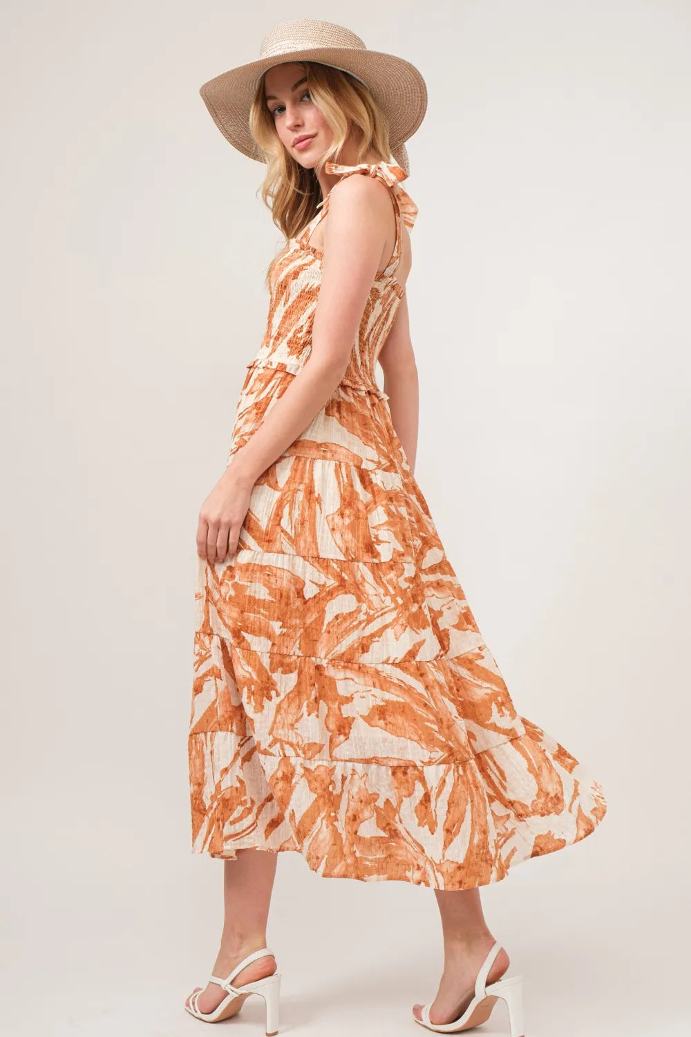 And The Why Tie Shoulder Smocked Midi Tiered Dress - Ladyez