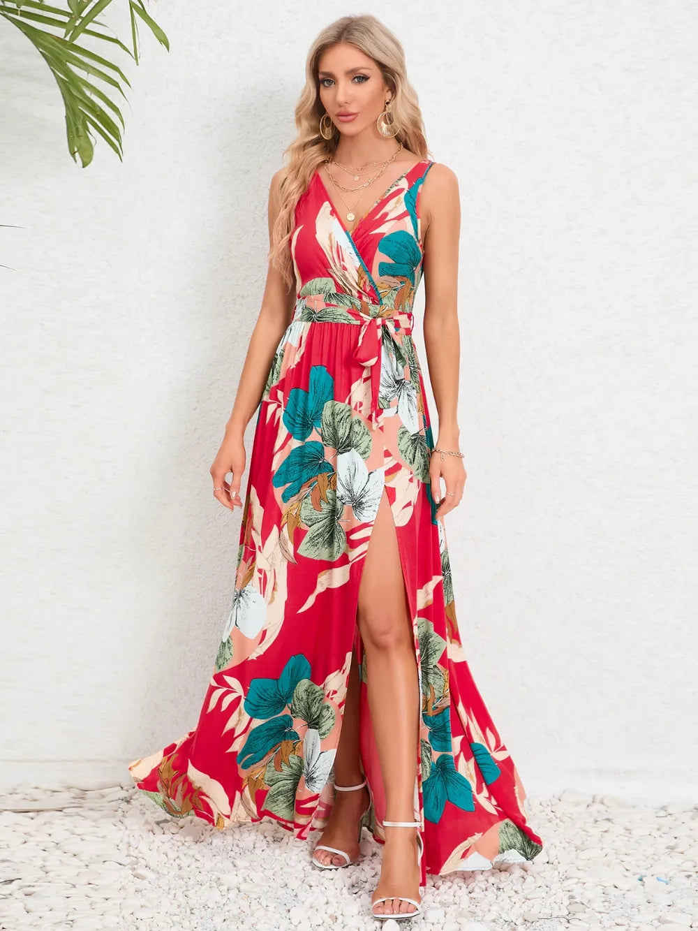 Slit Tied Printed Surplice Dress - Ladyez
