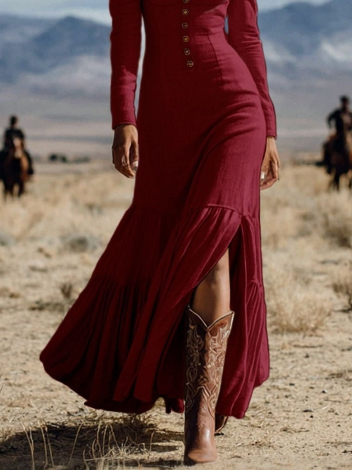 Slit Long Sleeve Tiered Maxi Dress
