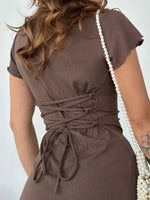 Ribbed Back Lace Up Short Sleeve Mini Dress