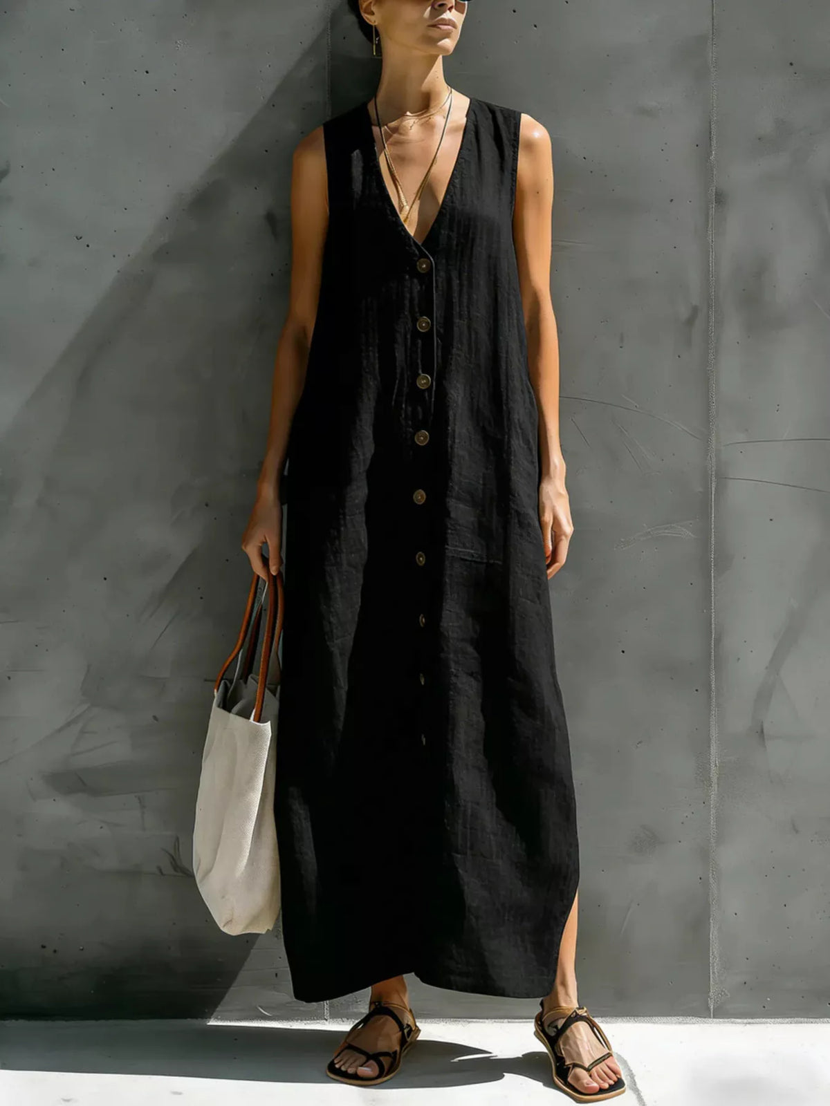 Full Size Sleeveless V-Neck Button-Down Linen Maxi Dress Plus Size