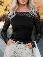 Asymmetric Panels Sheer Floral Lace Patchwork Long Sleeve Top