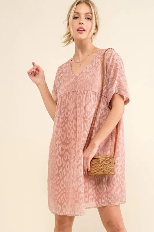 And The Why Woven Leopard Baby Doll Roll-Sleeve Casual Dress