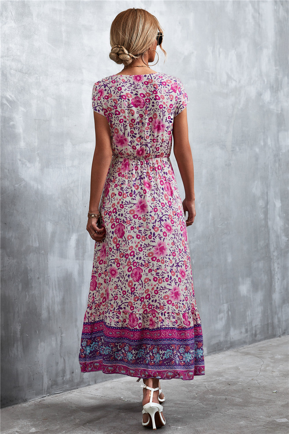 V-Neck Short Sleeve Printed Maxi Dress - Ladyez