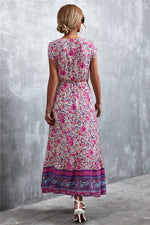 V-Neck Short Sleeve Printed Maxi Dress - Ladyez