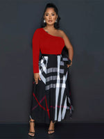 Asymmetrical One-Sleeve Plaid Midi Dress with Waist Tie