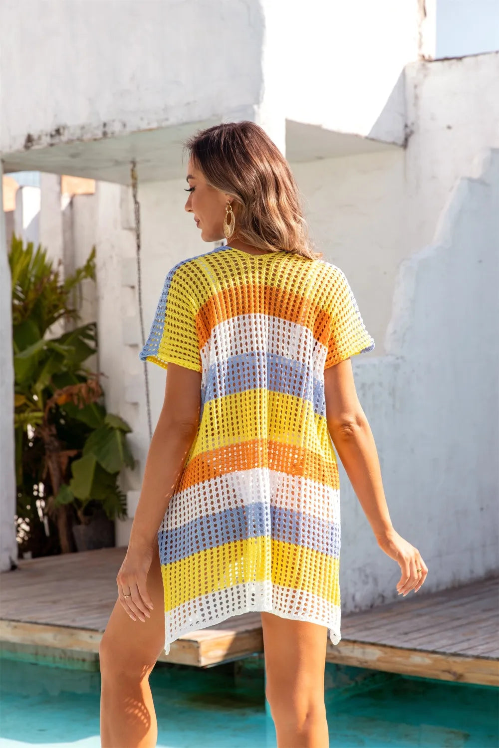Angel Wings Openwork Striped V-Neck Short Sleeve Cover Up - Ladyez
