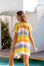 Angel Wings Openwork Striped V-Neck Short Sleeve Cover Up - Ladyez