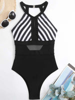 Mesh Detail Backless Striped One-Piece Swimsuit - Ladyez