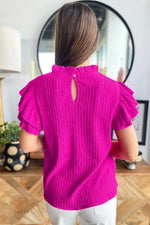 Solid Color Textured Ruffle Trim Short Sleeve Blouse