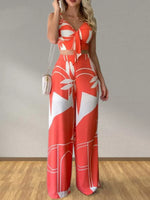 Tropical Print Spaghetti Strap Crop Top and Wide Leg Pants Set