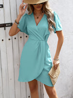 Surplice Short Sleeve Mini Dress - Ladyez