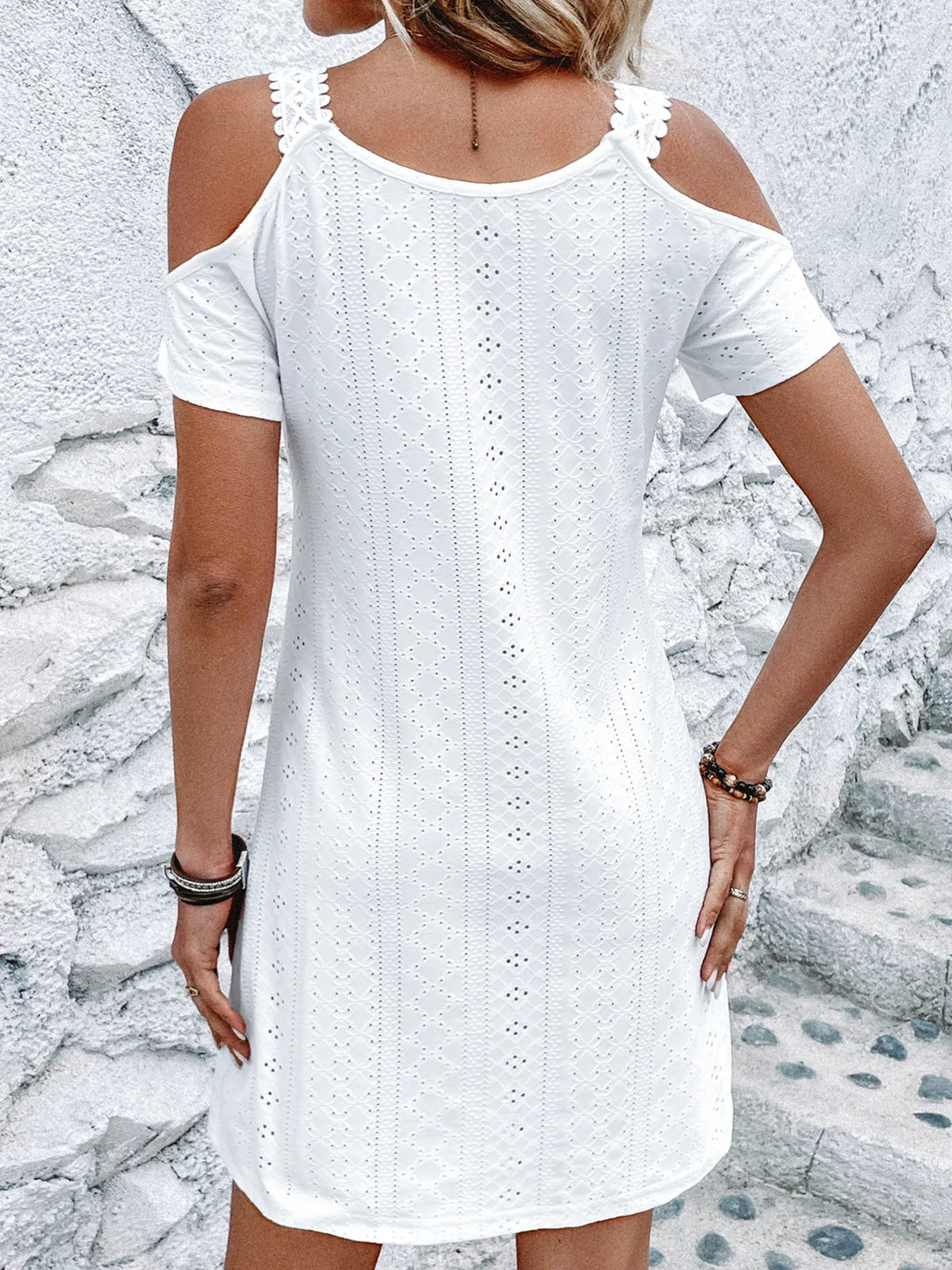 Cold Shoulder Short Sleeve Eyelet Mini Dress - Ladyez