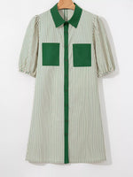 Stripe Color Block Patchwork Shirt Collar Button Down Puff Sleeve Mini Dress
