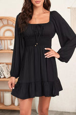 Solid Color Long Sleeve Shirred Drawstring Ruffle Mini Dress