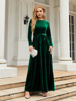 Tie Front Round Neck Long Sleeve Maxi Dress - Ladyez
