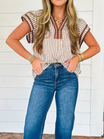 Striped Notched Ruffled Sleeve Blouse