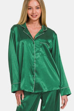 Zenana Satin Long Sleeve Shirt and Pants Pajama Set - Ladyez