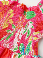 Tropical Print Smocked Tie-Strap Dress