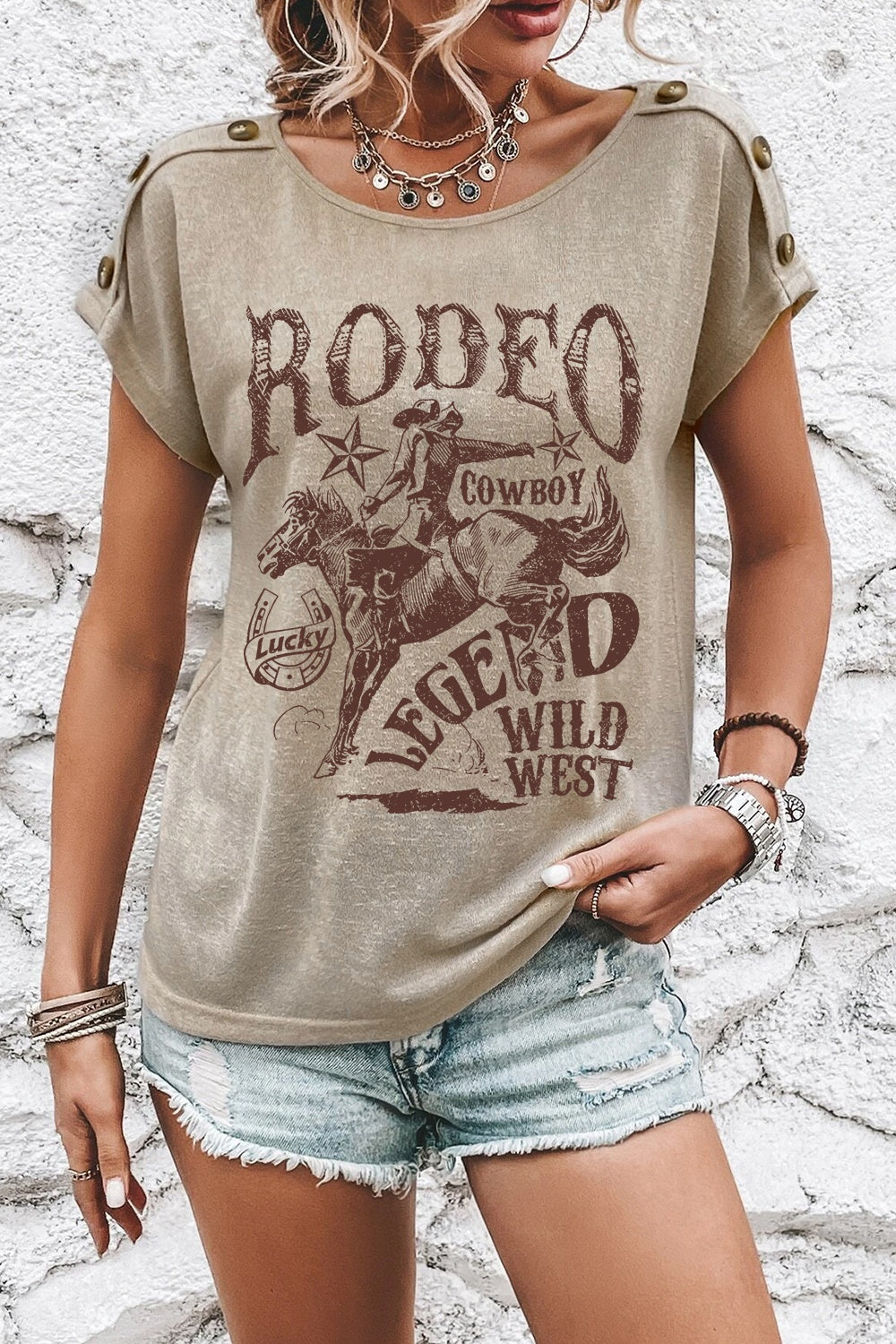 Decorative Button Graphic Round Neck Short Sleeve T-Shirt - Ladyez