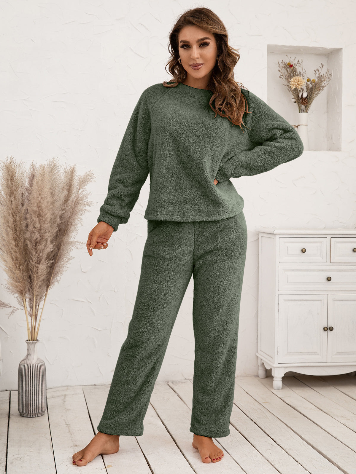 Ivy Lane Teddy Long Sleeve Top and Pants Lounge Set - Ladyez