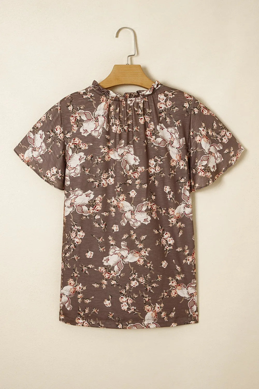 Floral Print Tassel Tie Split Neck Short Sleeve Blouse - Ladyez
