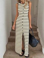 Striped Button-Front Sleeveless Slit Maxi Dress