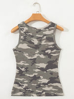 Camouflage Print Ribbed Knit Round Neck Tank Top