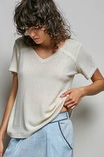 POL Lace Detail V-Neck Short Sleeve Textured T-Shirt