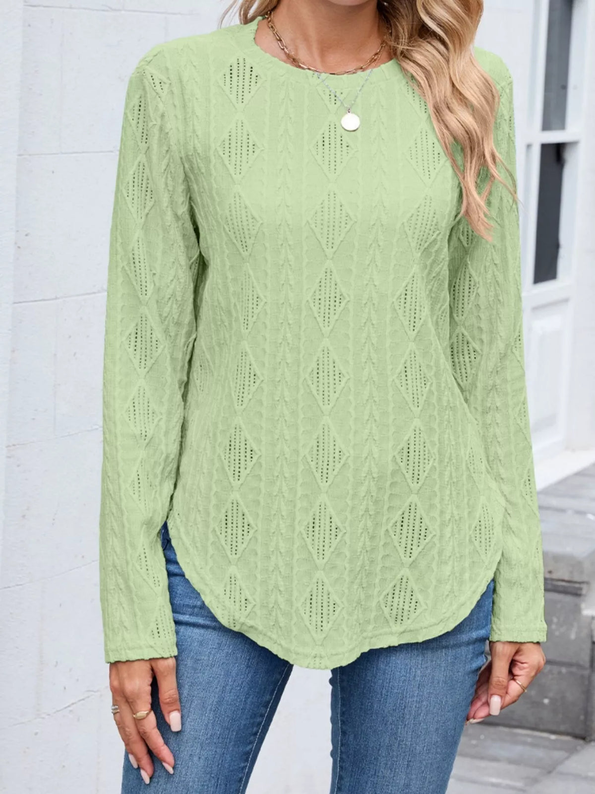 Diamond Pattern Knit Long Sleeve T-Shirt