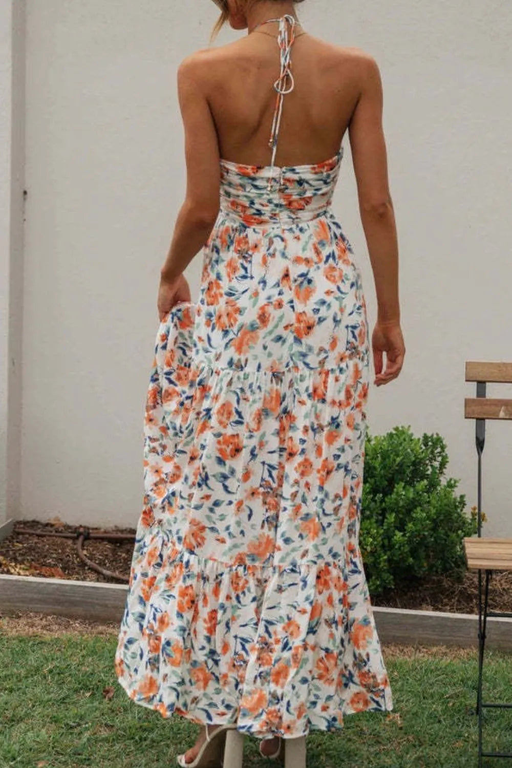 Floral Halter Neck Tiered Maxi Dress - Ladyez