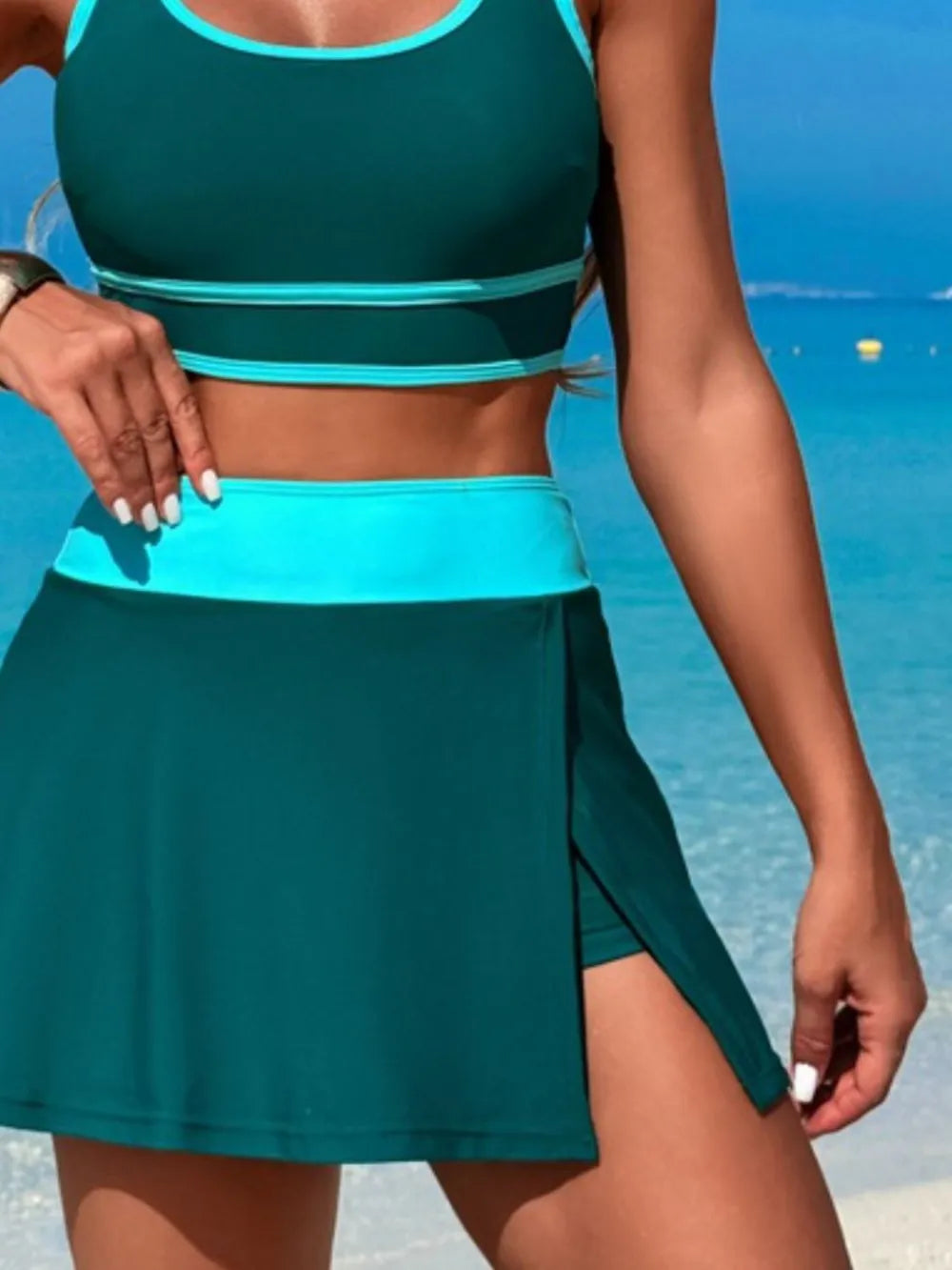 Scoop Neck Top and Skort Swim Set - Ladyez