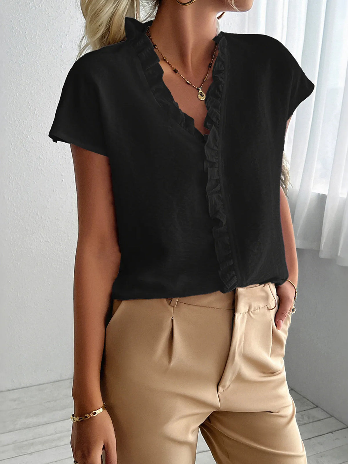 Ruffled V-Neck Short Sleeve Blouse - Ladyez