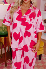 Heart Collared Neck Short Sleeve Top and Pants Lounge Set - Ladyez