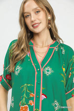 Umgee Botanical Print Contrast Trim Button Blouse