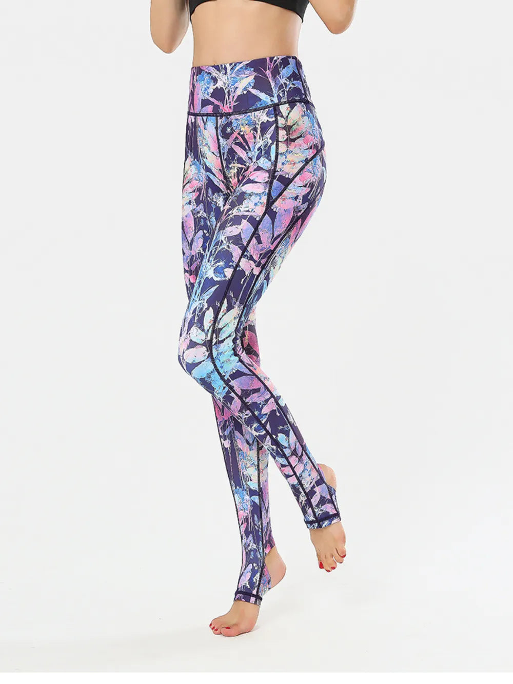 Printed Wide Waistband Active Leggings with Stirrups - Ladyez