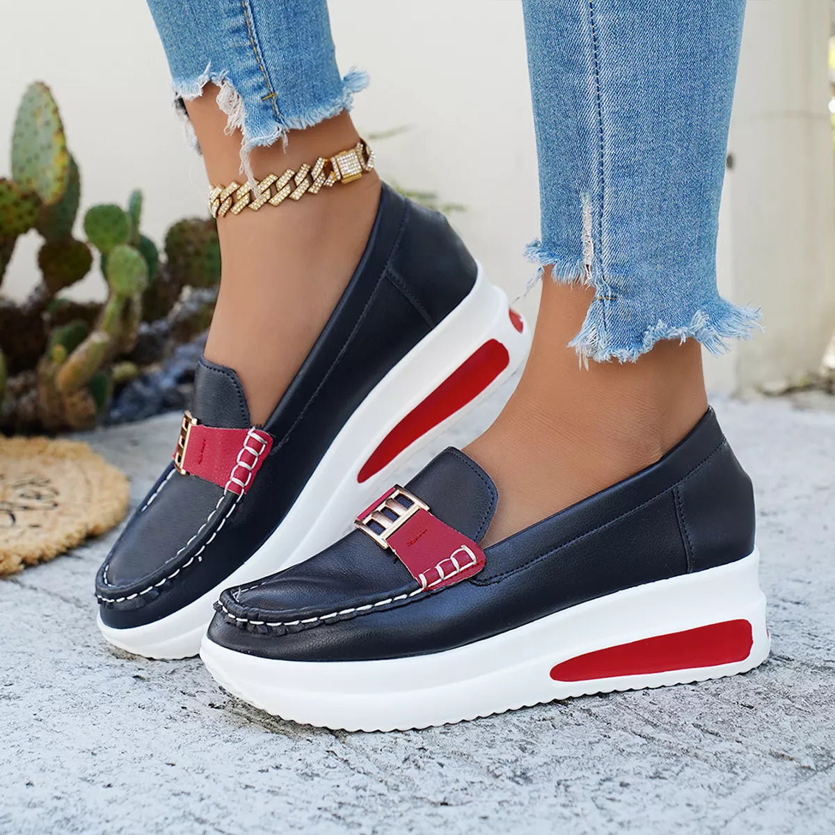 Metal Buckle Round Toe Slip-Ons