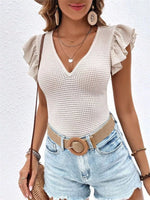 Waffle Knit Ruffle Sleeve V-Neck T-Shirt