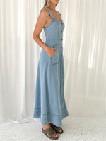 Decor Button Front A-Line Denim Dress