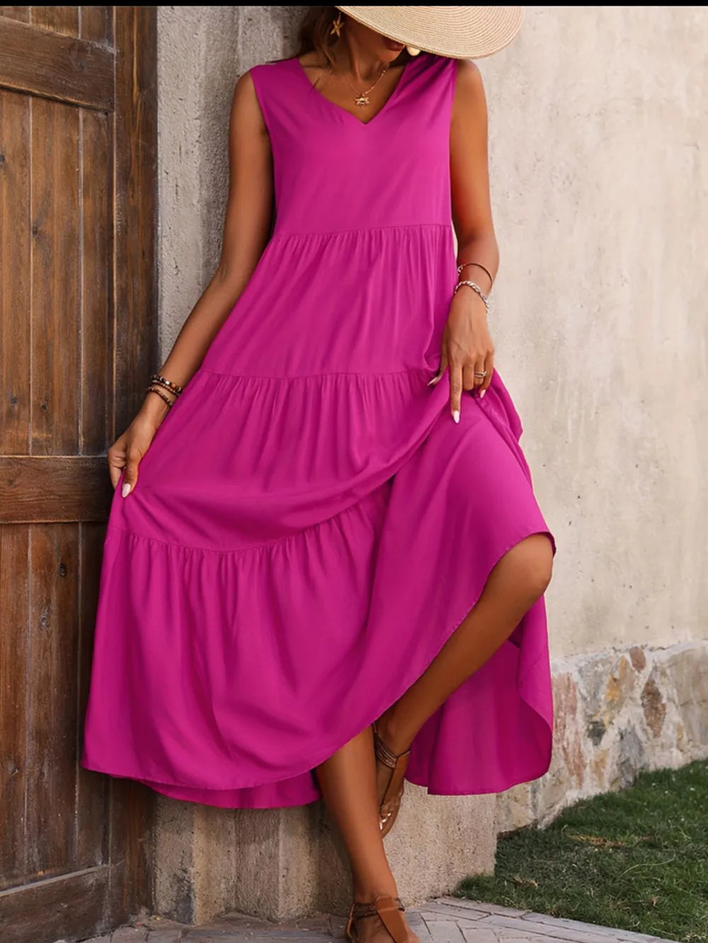 Tiered V-Neck Sleeveless Dress - Ladyez